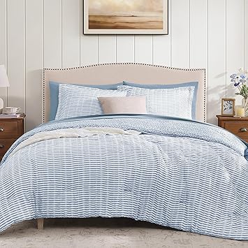 BLOOMHAVEN Queen Comforter Set - 7 Pieces Blue Bedding Sets for All Seasons, Lightweight Soft Bed in a Bag Queen with Revesible Farmhouse Comforter, Sheets, Pillowcases & Shams