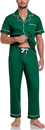 COLORFULLEAF 100% Cotton Mens Pajamas Set Short Sleeve Loungewear with Long Pants Button Down Sleepwear Soft Comfy Pj for Men