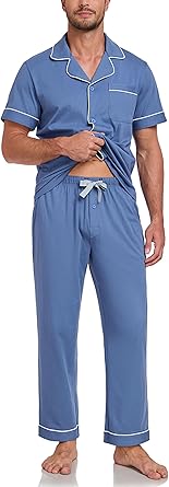 COLORFULLEAF 100% Cotton Mens Pajamas Set Short Sleeve Loungewear with Long Pants Button Down Sleepwear Soft Comfy Pj for Men