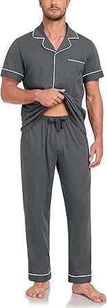 COLORFULLEAF 100% Cotton Mens Pajamas Set Short Sleeve Loungewear with Long Pants Button Down Sleepwear Soft Comfy Pj for Men