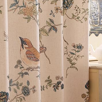 ISAENNE French Beige Linen Curtains with Bird and Flowers Pattern,Western Semi-Blackout Curtain with Grommet for Kitchen Bedroom Livingroom,2 Panels 53 Inches Wide by 71 Inches Long -Cornucopi