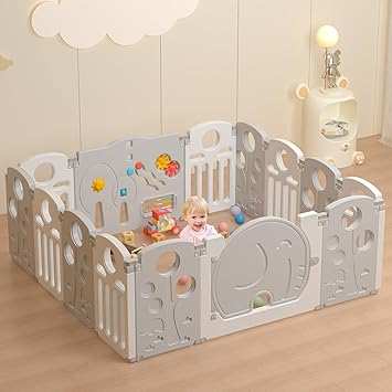 LulliSpace Baby Playpen,for Kids and Toddlers,Kids Activity Centre Safety Play Yard,Indoor&Outdoor Pattern Baby Fence with Game Panel, Safety Lock, Non-Slip Bases, Adjustable Shape,14 Panels