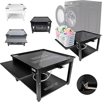Washer and Dryer Pedestal with Pullout-Shelf - 29" W, 18" H, Black Steel Universal Fit with Major Brands | Laundry Pedestal with Drain Pan & Hose | Washer Stand for Back Pain Relief, 800 lbs Capacity