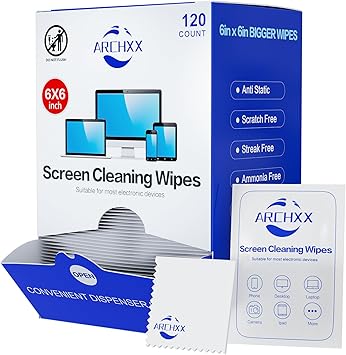 ARCHXX Screen Wipes for Electronics, 120 Count 6"x6" Pre-Moistened Screen Cleaner for Screens, Computer,Laptop,Tablet,Phone,Monitor,Car Screen Cleaner, Lens Wipes Individually Wrapped
