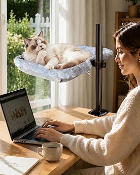 L&W BROS. Cat Desk Bed – Supports Up to 45lb, Clamp-On Hammock with 360° Rotating Arm, Adjustable Height Perch, Heavy Duty Metal Frame, Dual-Sided Washable Cover