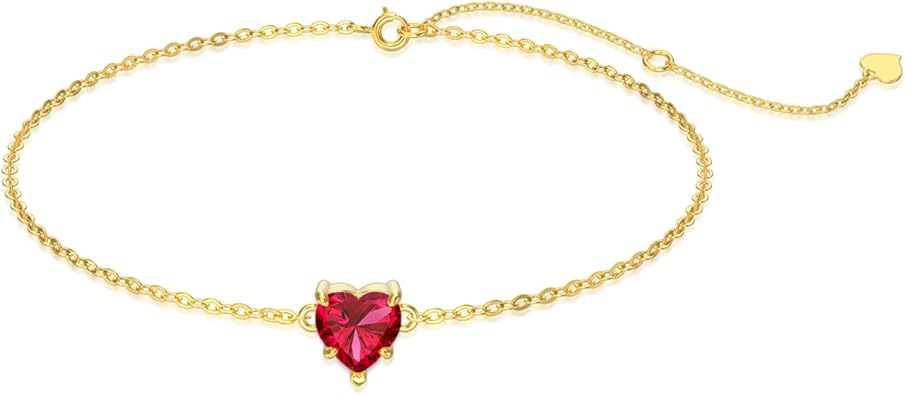 14k Gold Love Heart Gemstone Bracelet for Women,7MM Heart-cut Created Birthstone Anniversary Birthday Mother's Day Bracelets Jewelry for Mom Her
