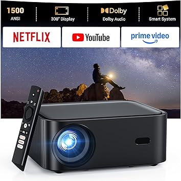 1500 ANSI lumens built-in streaming app full HD smart projector, HAPPRUN 4K projector, supports Wi-Fi and Bluetooth, Dolby audio, 300-inch large screen, suitable for home, outdoor, and indoor viewing