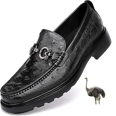 Luxury Men's Genuine Leather Dress Shoes Classic Fashion Ostrich Patterned Business Shoes Party Buckle Penny Loafer for Men, Black