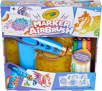 Crayola Marker Airbrush Spray Art Kit, Battery-Powered Sprayer with 8 Washable Markers & 5 Stencils, DIY Craft Set, Ages 6+