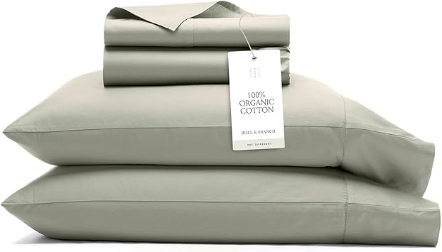 BOLL & BRANCH Signature Hemmed Sheet Set - King + Standard, Sageleaf - Luxury 100% Organic Cotton - Includes 1 Flat, 1 Fitted, 2 Standard Size Pillowcases - Buttery Soft