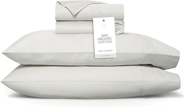 BOLL & BRANCH Signature Hemmed Sheet Set - California King, Mist - Luxury 100% Organic Cotton - Includes 1 Flat, 1 Fitted, 2 Pillowcases - Buttery Soft