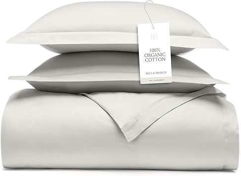 BOLL & BRANCH Signature Hemmed Duvet Set - King/Cal King, Mist - Luxury 100% Organic Cotton - 1 Duvet Cover, 2 Shams - Buttery Soft, Hidden Closures