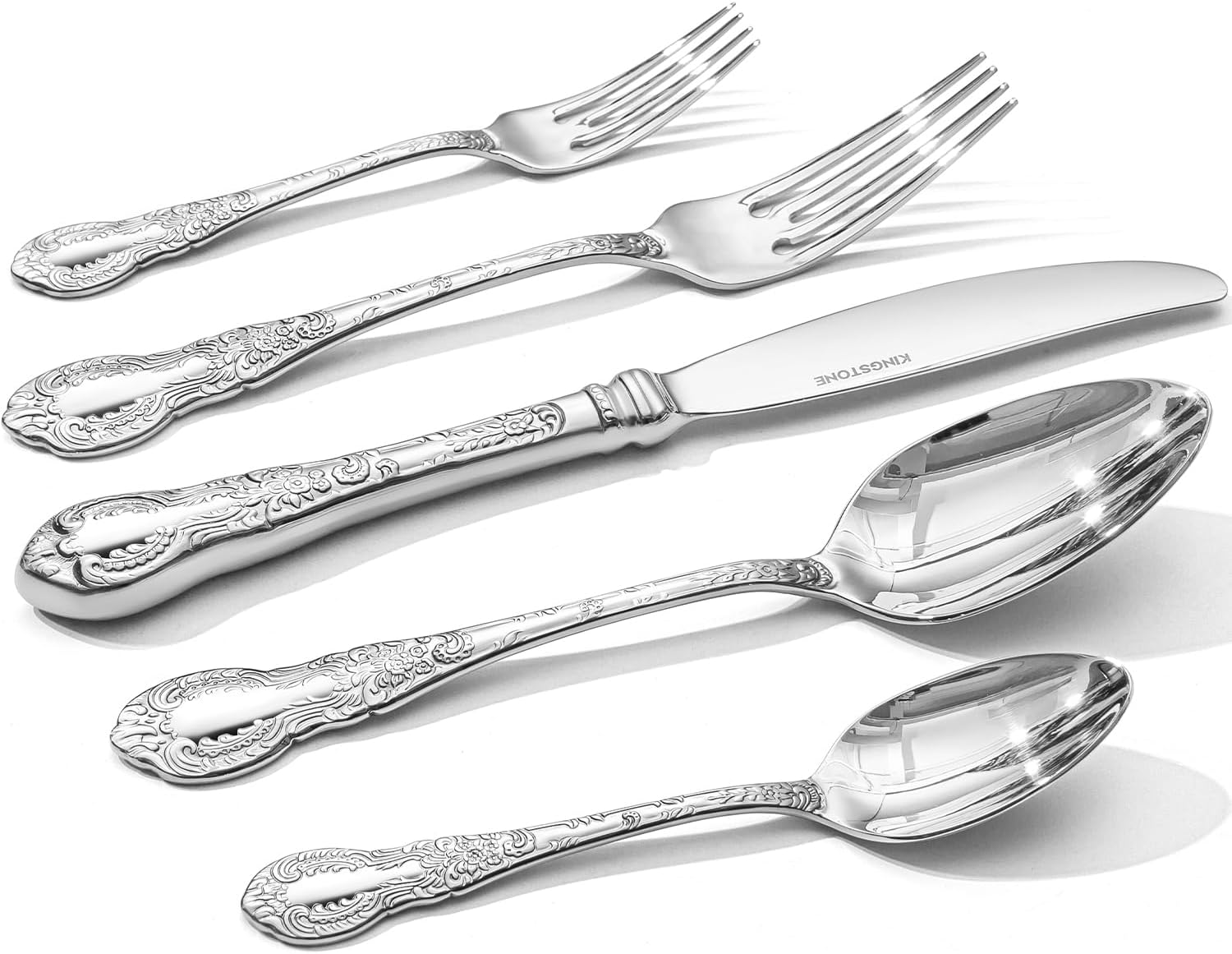 KINGSTONE Vintage Carved Silverware Set, 40-Piece 18/10 Stainless Steel Flatware Cutlery Set with Retro Royal Thick Handle, Tableware Utensils for Home, Restaurant, party, Wedding, Dishwasher Safe