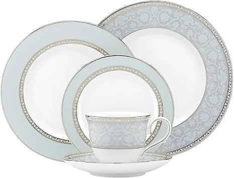5-Piece Place Setting Dinnerware Set Polished Platinum Accents Bone China Dinner Plate Butter Plate