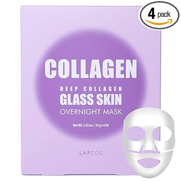 LAPCOS K Beauty Deep Collagen Glass Skin Overnight Mask - Korean Skin Care Mask with Rose PDRN, Vegan Collagen & Hydrogel Sheet - Hypoallergenic Firming Collagen Face Mask Sheets (4 ea, 1.23 oz)