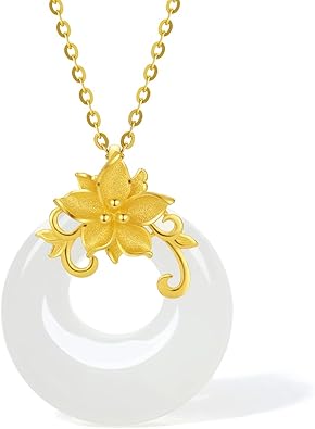 ZHOU LIU FU 24K Solid Gold Pendant for Women, Real Pure Gold White Nephrite Jade Jewelry Accessory Round Pendant for Men Girlfriend (Not Include Necklace)