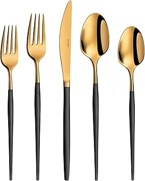 Amefa Soprano 20-Piece Flatware, Set for 4 – Stainless Steel Silverware with Polished Luster, Rust-Resistant Fork, Spoon & Knife Essentials, Contemporary Tableware for Family Meals (Gold&Black)