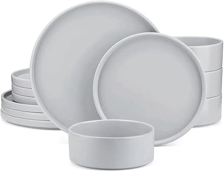 12 Piece Stoneware Tableware Set with Dinner Dessert Plate Bowl Kitchen Plates and Bowls