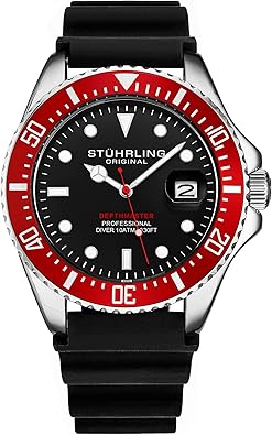 Stuhrling Original Men's Watch Dive Watch Silver 42 MM Case with Screw Down Crown Rubber Strap Water Resistant to 330 FT
