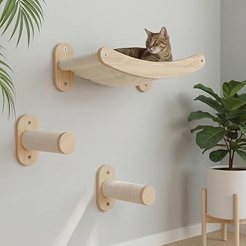 Cat Wall Shelf Bed Hammock with Sisal Stairs Set, Easy Install | 16 inch Stud Design | Holds up to 33 lbs | Indoor Shelf Lounge with Safety Bar Designed in USA