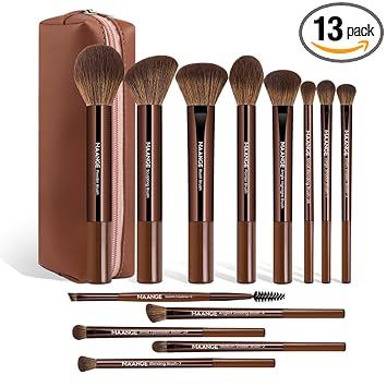 MAANGE 13 PCS Makeup Brushes Professional Make Up Brushes Premium Synthetic Powder Concealers Brushes Travel Makeup Brush Set with Case (Brown)