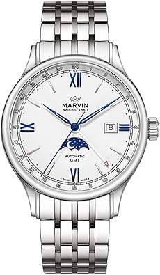 marvin Automatic GMT Men's Watch Swiss Movement Mechanical Luxury Watches for Men with Stainless Steel Strap,Sapphire Glass Dial,Luminous Hands and Hour Markers,50m Waterproof
