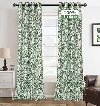 DriftAway Julia 100% Blackout Linen Curtains for Bedroom Green Floral Watercolor Pattern Double Layer Thermal Insulated Sound Reducing Drape for Living Room Grommet 2 Panels Each W52 x L96 Linen Green