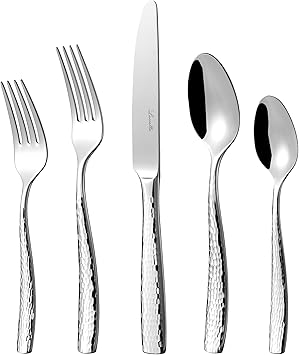 Luciella Ponza Flatware Set for 8, 45-Piece Stainless Steel Silverware Set with Serving Utensils, Timeless Hammered Design, Rust-Resistant, Mirror Polished & Dishwasher Safe, Mothers Day Gifts