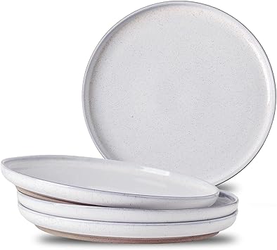 Ceramic Dinner Plates Set of 4 with High Edges, 10 Inch Glacier White Plates for Salad, Pasta and Steak, Oven＆Dishwasher Safe, Stoneware Plates with Matte Terracotta Base, Porcelain,Scratch Resistant