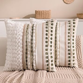 Boho Chenille Tufted Couch Throw Pillow Covers 18x18 Inch Set of 2 Farmhouse Striped Decorative Pillow Covers Accent Neutral Square Pillowcase Green Cushion Covers for Livingroom Sofa Bed