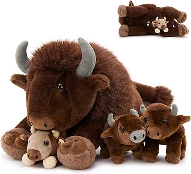 MorisMos 4Pcs Bison Stuffed Animal, 18inch Bison Mommy with 3 Baby Plush Toy, Soft Buffalo Wild Stuffed Animals Gift for Kids, Boys, Girls