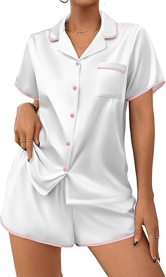 Ekouaer Women's Satin Pajamas Set 2 piece Silky Sleepwear Buttton Down Short Sleeves Top and Shorts Pj Set S-XXL