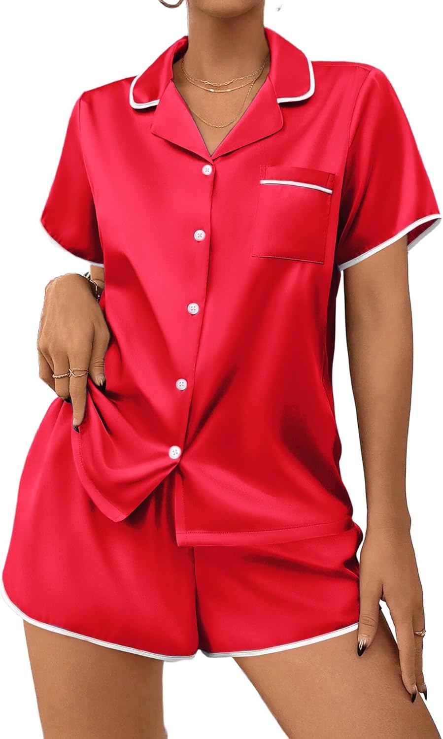 Ekouaer Women's Satin Pajamas Set 2 piece Silky Sleepwear Buttton Down Short Sleeves Top and Shorts Pj Set S-XXL