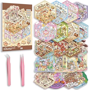 20 Sets DIY 3D Sticker Scene Collection Book for Kids Adults Cute Make Your Own Shop House Stickers for Gifts Stickers Therapy for Adult Relief Stress Pass The Time Play Park Hamburg Castle Library