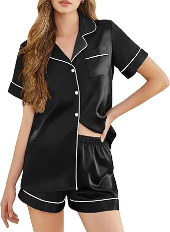 Silk Pajamas for Women Short Sleeve Sleepwear Soft Button Down Loungewear 2 Piece Satin Pjs Shorts Set S-XXL
