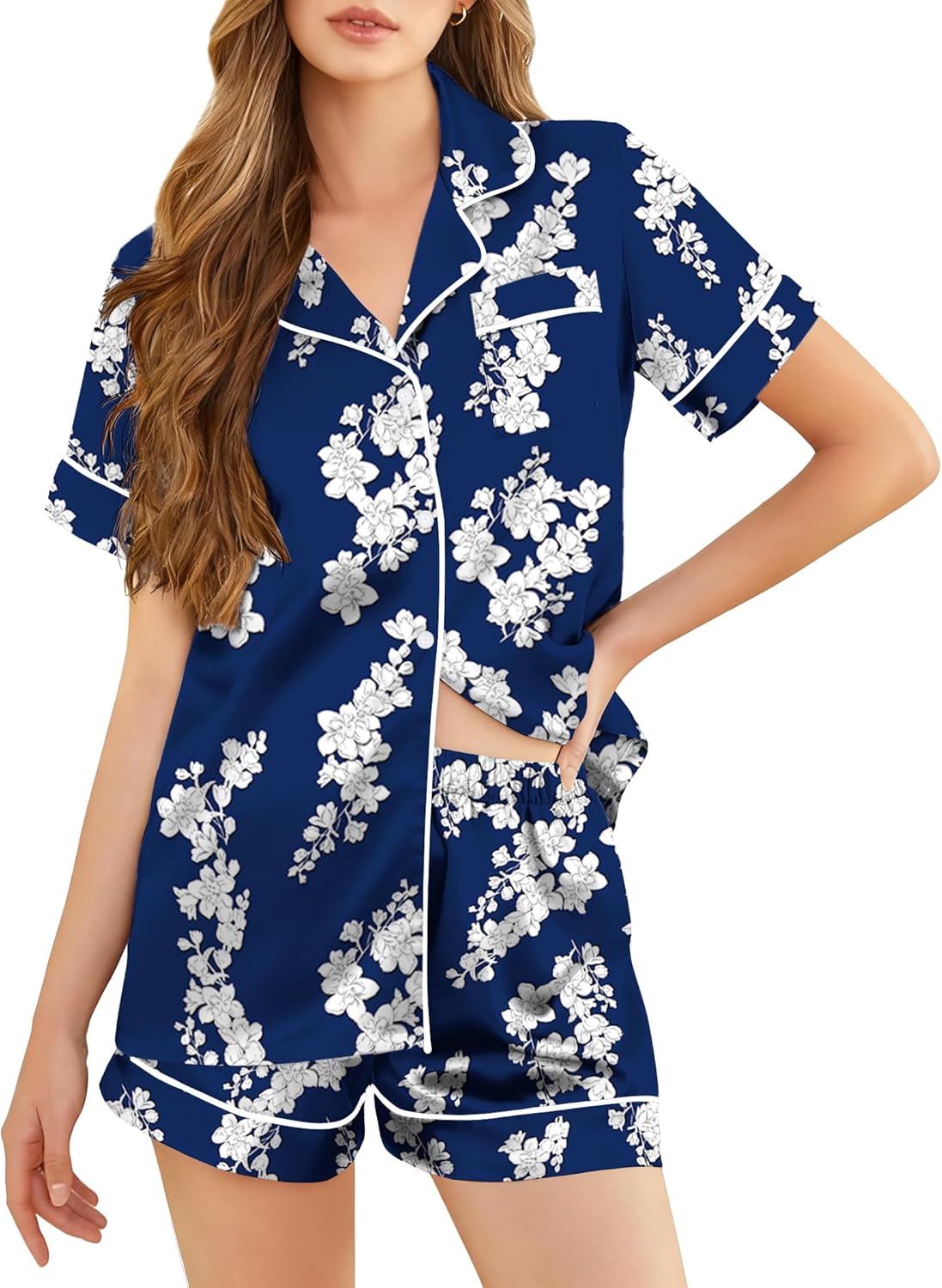 Silk Pajamas for Women Short Sleeve Sleepwear Soft Button Down Loungewear 2 Piece Satin Pjs Shorts Set S-XXL