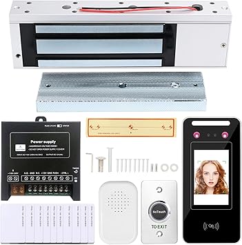 Access Control System Kit with Facial Recognition, 1200lbs Magnetic Lock, Keypad/Card Entry, 10 ID Cards, AC110V-DC12V Power & Infrared Switch for Home/Business Security (Face ID 1200LBS Kits)