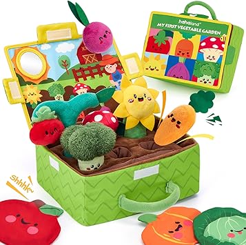hahaland Baby Toys 6-12 Months - Fruits Vegetables Garden Plant Plush - 6 Month Old Toys Montessori Sensory Toy Carrot Flower with Rattles Mirror Squeaker Textures Crinkle Tissues, Baby Gifts 9 Month