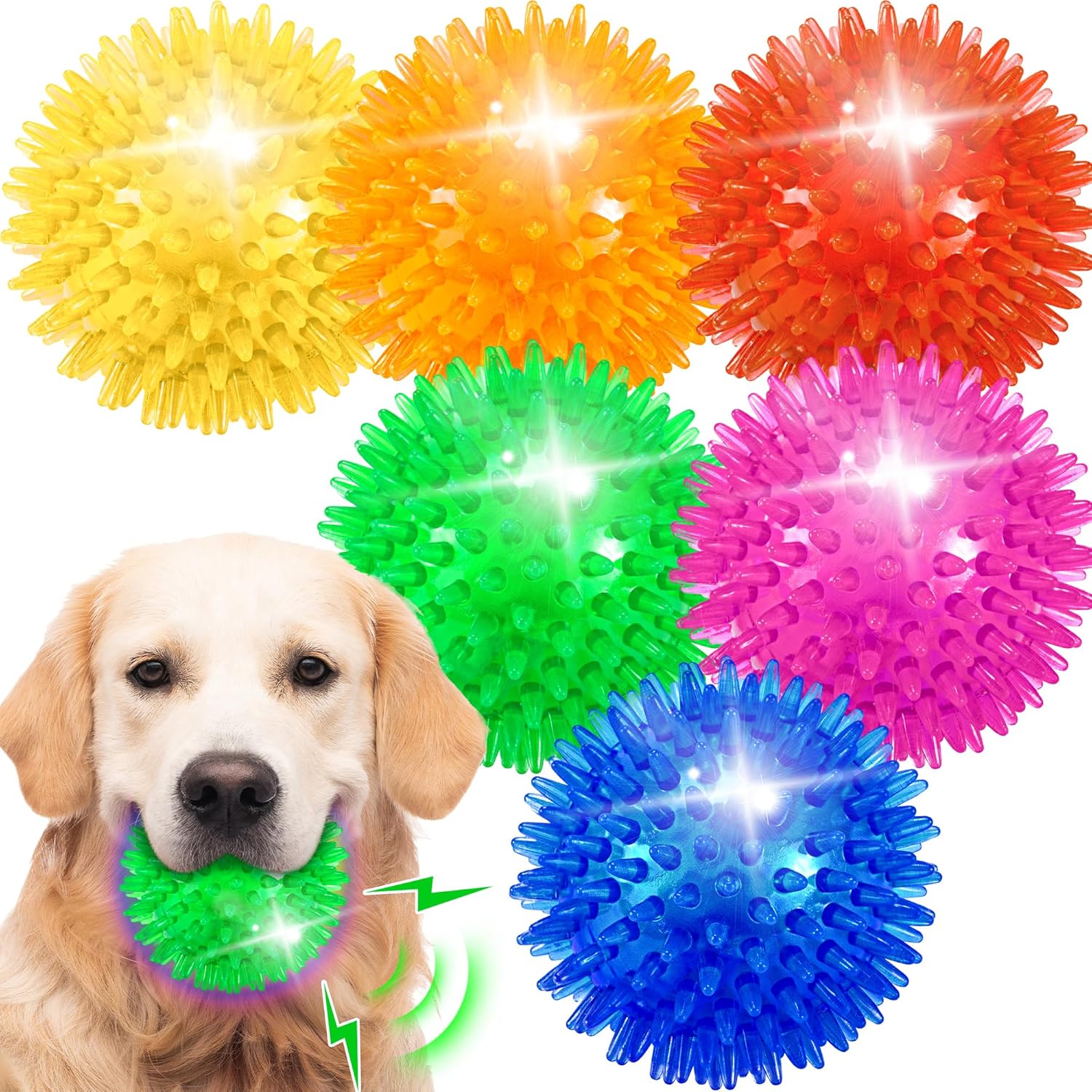 4 Pack 4.5" Light Up Squeaky Dog Balls, Spiky Dog Toy Balls for Medium Large Dogs