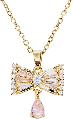 Gold Plated Stainless Steel Ribbon Necklace for Women, Dainty Bow Pendant with 14 Cubic Zirconia, Sparkling Drop Stone, Hypoallergenic, Tarnish-Resistant, Gift Box Included