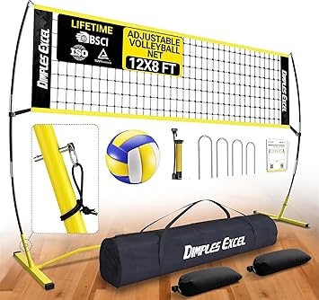Dimples Excel 12x8 FT Professional Portable Volleyball Net Set with 4 Adjustable Height Levels (5.05–8 FT), Includes Volleyball, Pump, Carry Bag and Sandbags for Indoor/Outdoor Training
