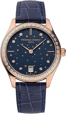 Frederique Constant Ladies' Swiss Made Classics Moon and Stars Quartz Diamond Accent Rose Gold Plated Case Watch and Navy Leather Strap, Style: FC-220NSD3BD4