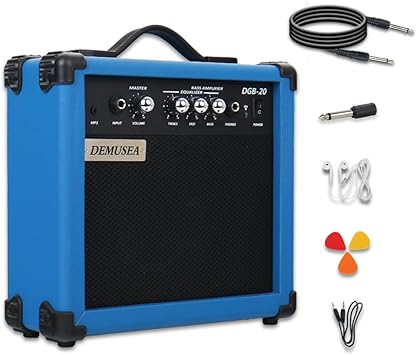 20W Electric Bass Guitar Amplifier Blue Bass Amp Portable Travel Mini Practice Headphone Jack Aux Treble Middle Bass Mp3 with 3m Noiseless Cable Adapter Picks Earphone Aux Cable