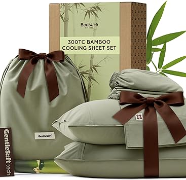 Bedsure Bamboo Viscose Cooling Sheets, Rayon Cotton Serene Blend, PureWoven, Breathable & Buttery Soft King Size Sheets Set, Deep Pocket Up to 18", Hotel Luxury Bedding for Hot Sleepers, Sage Green