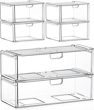 caktraie Acrylic Stackable Storage Drawers Set of 6, Clear Plastic Storage Drawer Organzier, Storage Organizer, Makeup Organizer,Ideal for Vanity, Bathroom,Cabinet,Pantry Organization