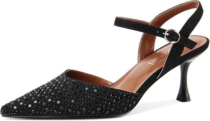 Rhinestone Kitten Heels for Women Pointed Closed Toe Dress Shoes for Women Slingback Heels Dressy Pumps Ankle Strap Office Work Prom Party Wedding