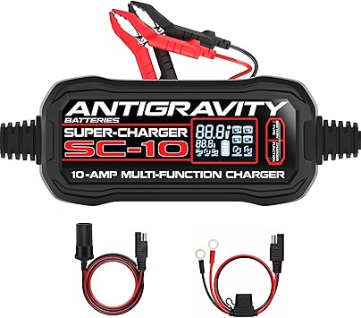 Antigravity SC-10 Super-Charger 10A Smart Battery Charger & Maintainer for 6V/12V Lithium (LiFePO4) & 12V Lead-Acid Batteries – Wall-Powered, LCD Display, Power Supply Mode, BMS Reset