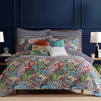 Levtex Home - Night Garden Quilt Set - Full/Queen Quilt and Two Standard Shams - Bold Floral - Navy Red Pink Green Ochre White - Quilt (88x92in.) and Shams (20x26in.) - Reversible - Cotton