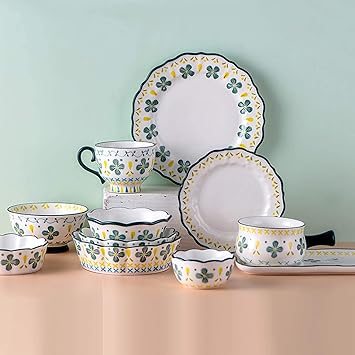 Tabletop Dinner SetsKitchen Tableware Set,Ceramics Dinner Sets, 33 Pieces Four Leaf Clover Pattern Cereal Bowl and Steak Plate Set | Porcelain Dinnerware Set for Wedding Housewarming Gifts