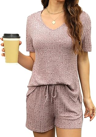 YOGINGO Womens Pajama Sets V Neck Ribbed Knit Lounge Sets Sleepwear Short Sleeve Matching Pjs Two Piece Sets for Summer